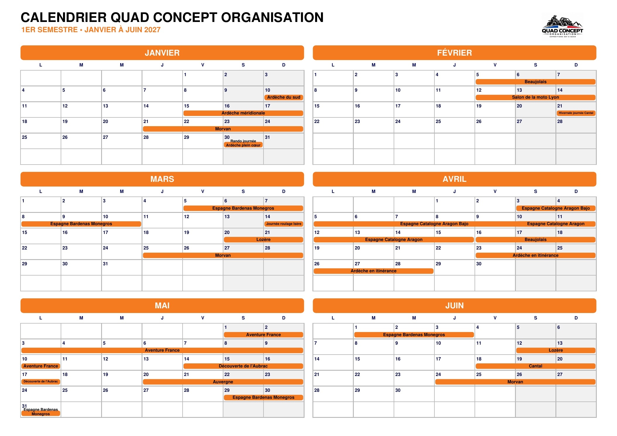Calendrier Quad Concept Organisation 2027 — première partie